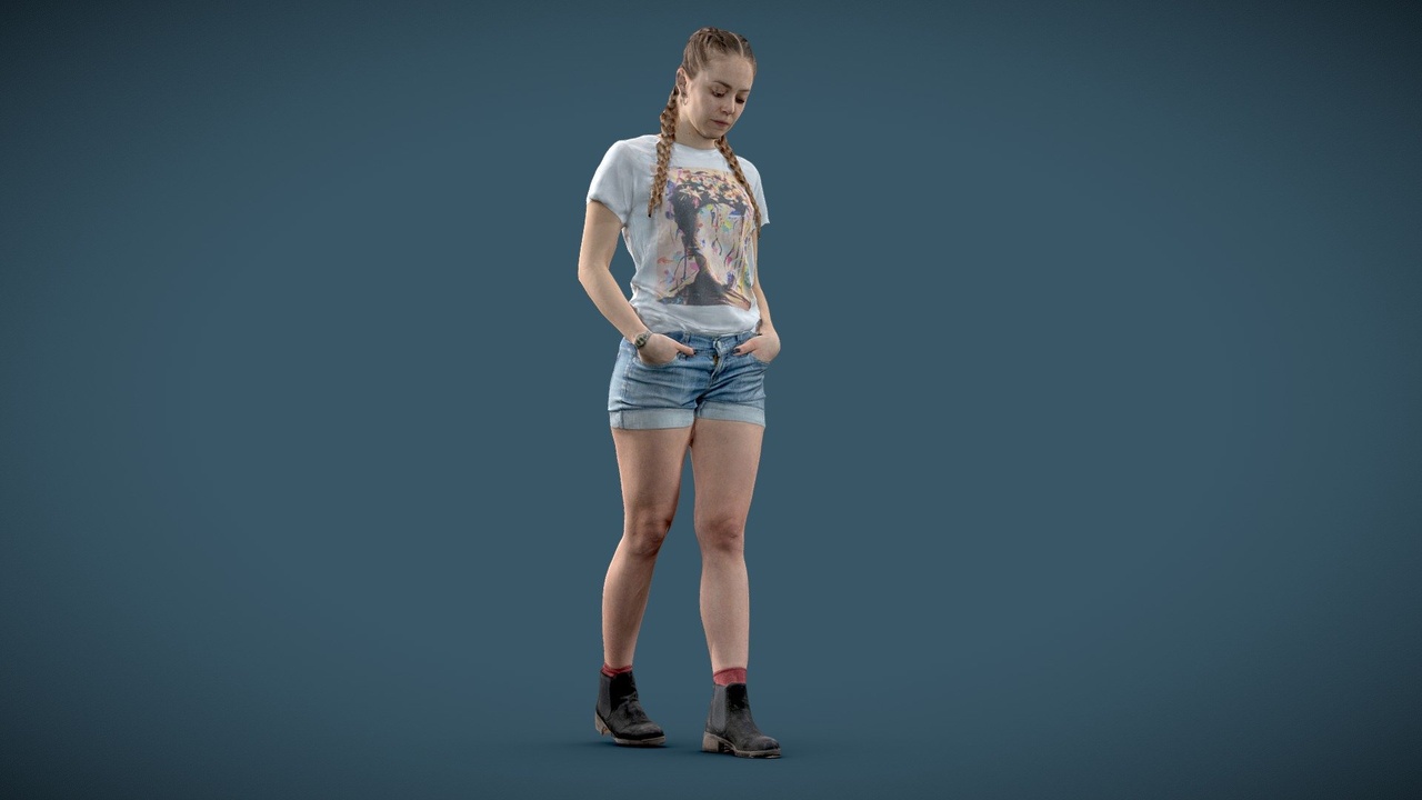 Media 1 for listing Young casual woman walking and looking down - posed 3D photo scan