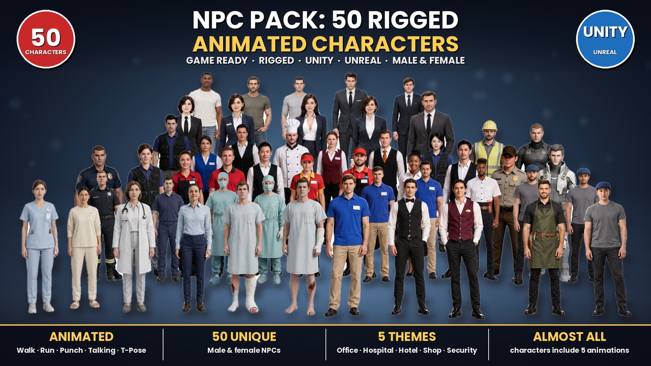 Media 1 for listing Ultimate 50 Game Ready NPC Characters Pack  Rigged Male  Female