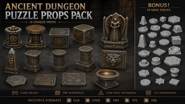 Ancient Dungeon Puzzle Props Pack | 14 PBR Models + 18 Bonus Mini Props — Cobalt Game Assets