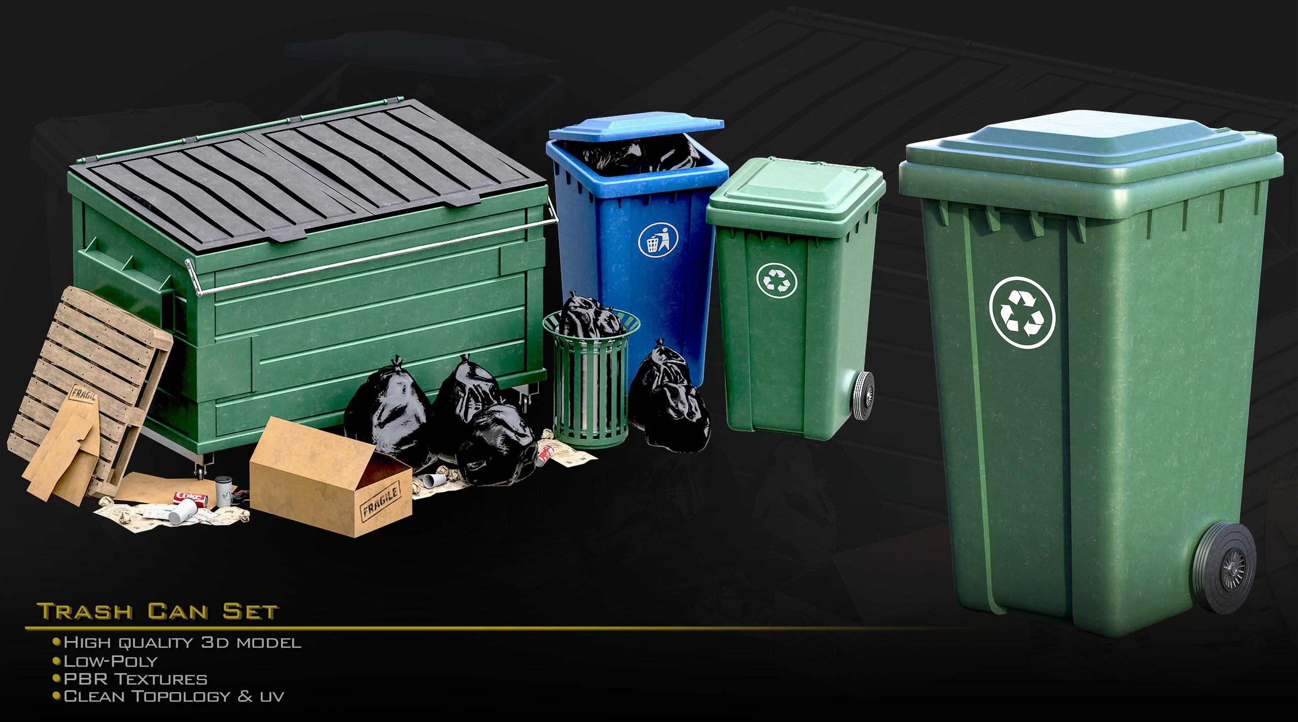 Media 1 for listing Trash Can Set 01/LowPoly/GameReady