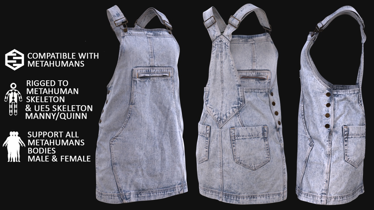 Media 1 for listing Denim Dress Metahuman 3D model 100- MH & UE5 Skeletons - Rigged