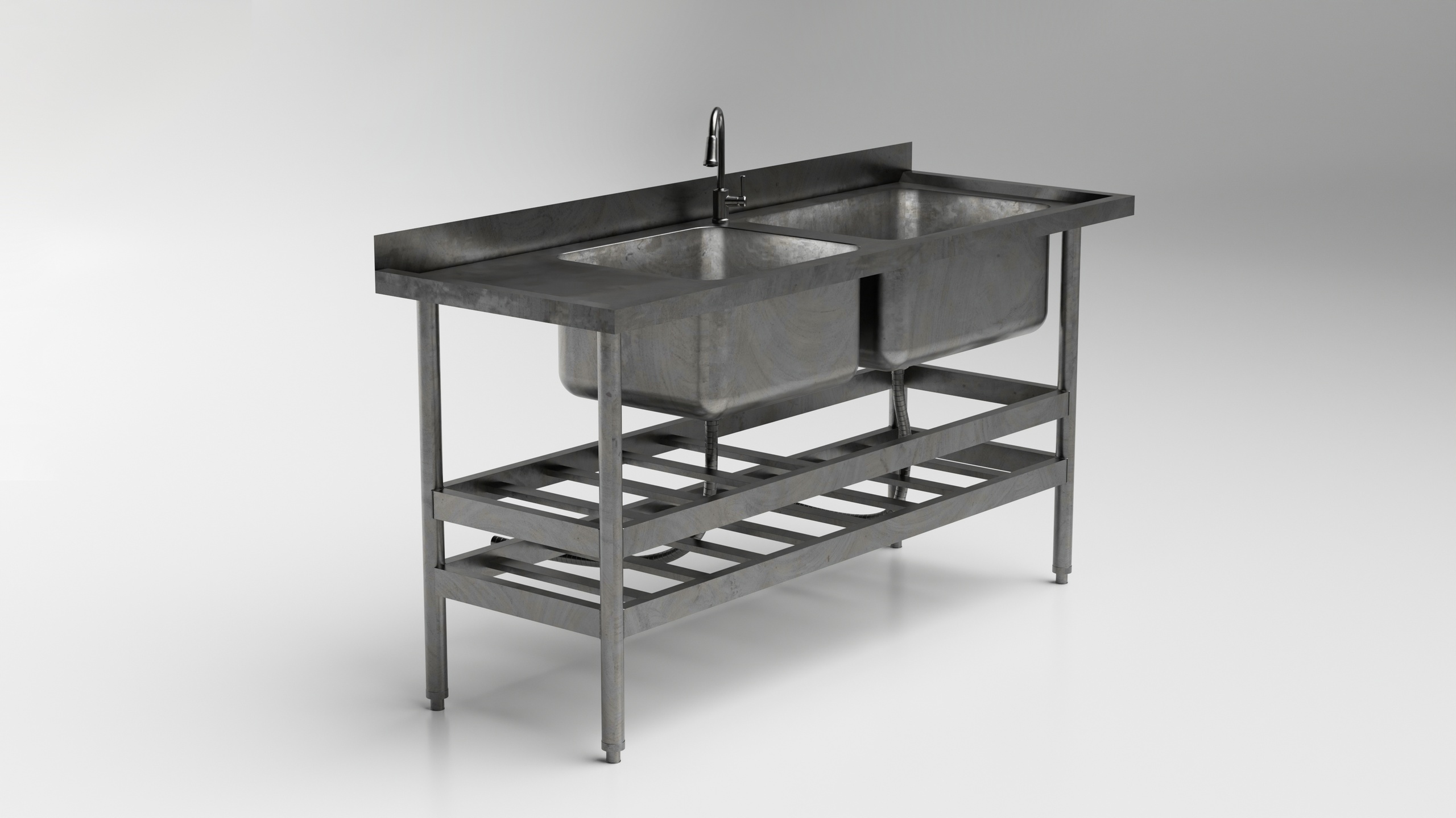 Media 1 for listing Realistic Industrial Stainless Steel Double Sink with Shelf – Blender 3D Model