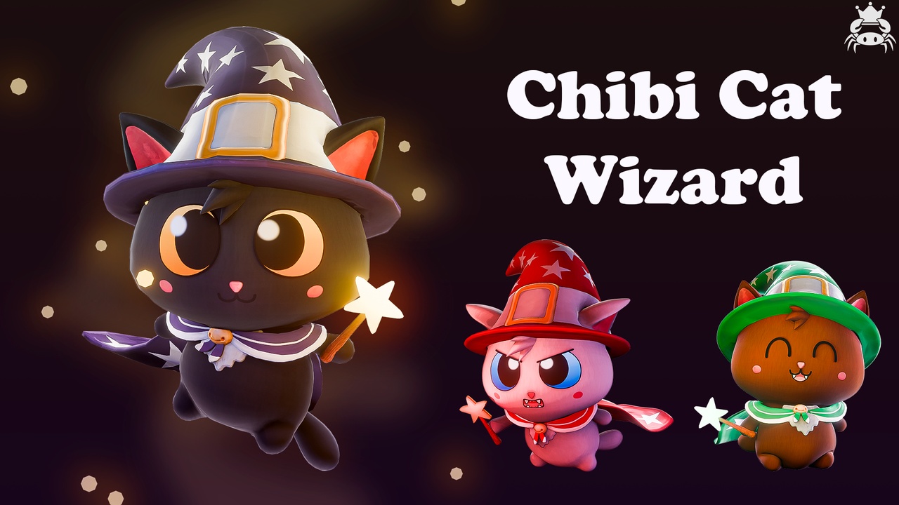 Media 1 for listing Stylized Chibi Cat Wizard – Animated Cozy Fantasy Character for Unity & Unreal