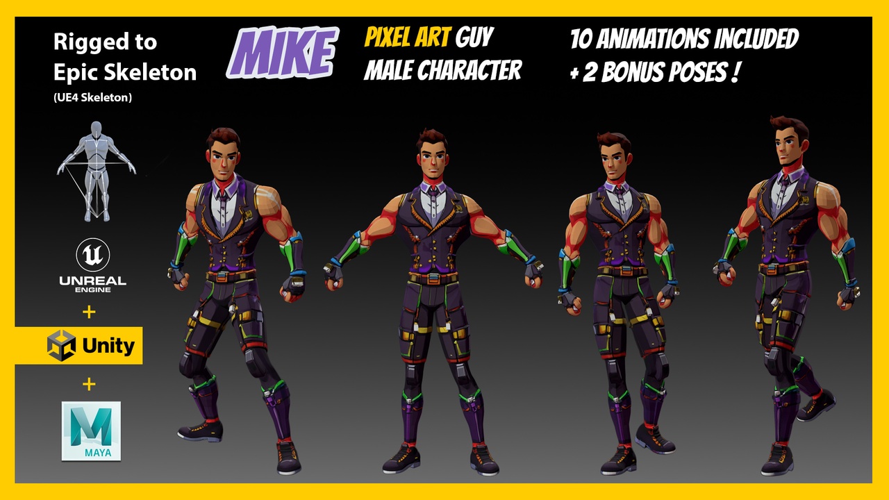 Media 1 for listing Mike / Stylized Pixel Art Male Character – Rigged to UE Skeleton + Unity + Maya