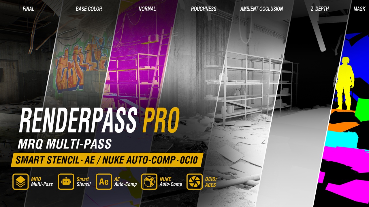 Media 1 for listing RenderPass Pro: MRQ Multi-Pass,  Smart Stencil, AE & Nuke Auto-Comp