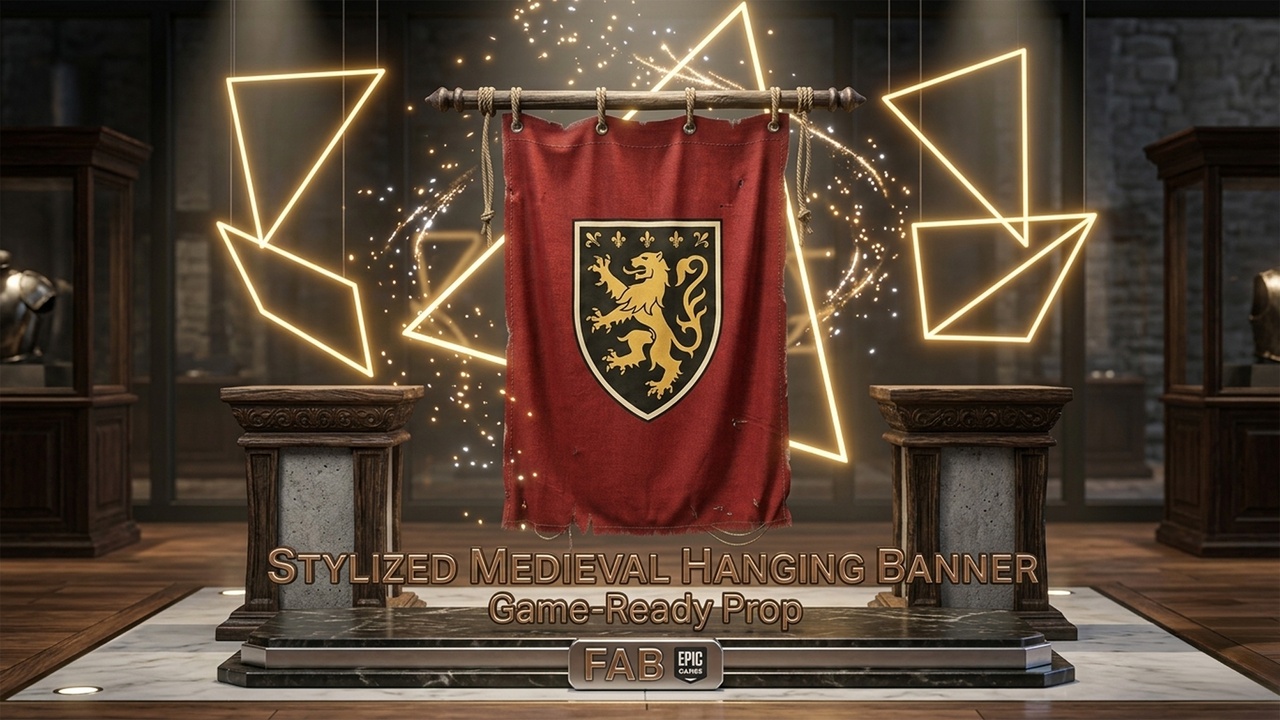 Media 1 for listing Stylized Medieval Hanging Banner – Game-Ready Fantasy Environment Prop