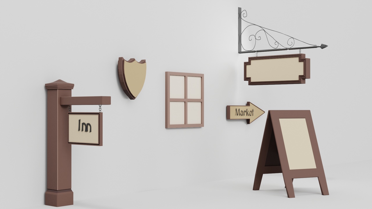 Media 1 for listing Stylized Medieval Signage & Notice Boards (10 Props) – Fantasy Town Pack