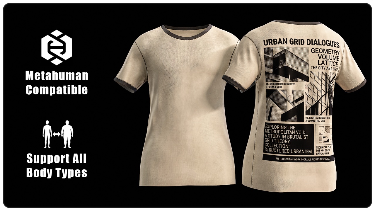 Media 1 for listing T-Shirt 010: Urban Grid Dialogues Brutalist - MetaHuman Wardrobe Item