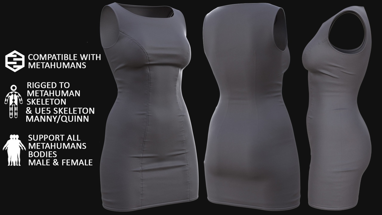 Media 1 for listing Dress Metahuman 3D model 109 - MH & UE5 Skeletons - Rigged