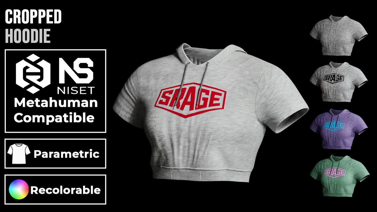 Media 1 for listing Cropped Hoodie 01 - Recolorable Parametric Sweatshirt for Metahuman MH UE5 MHPKG