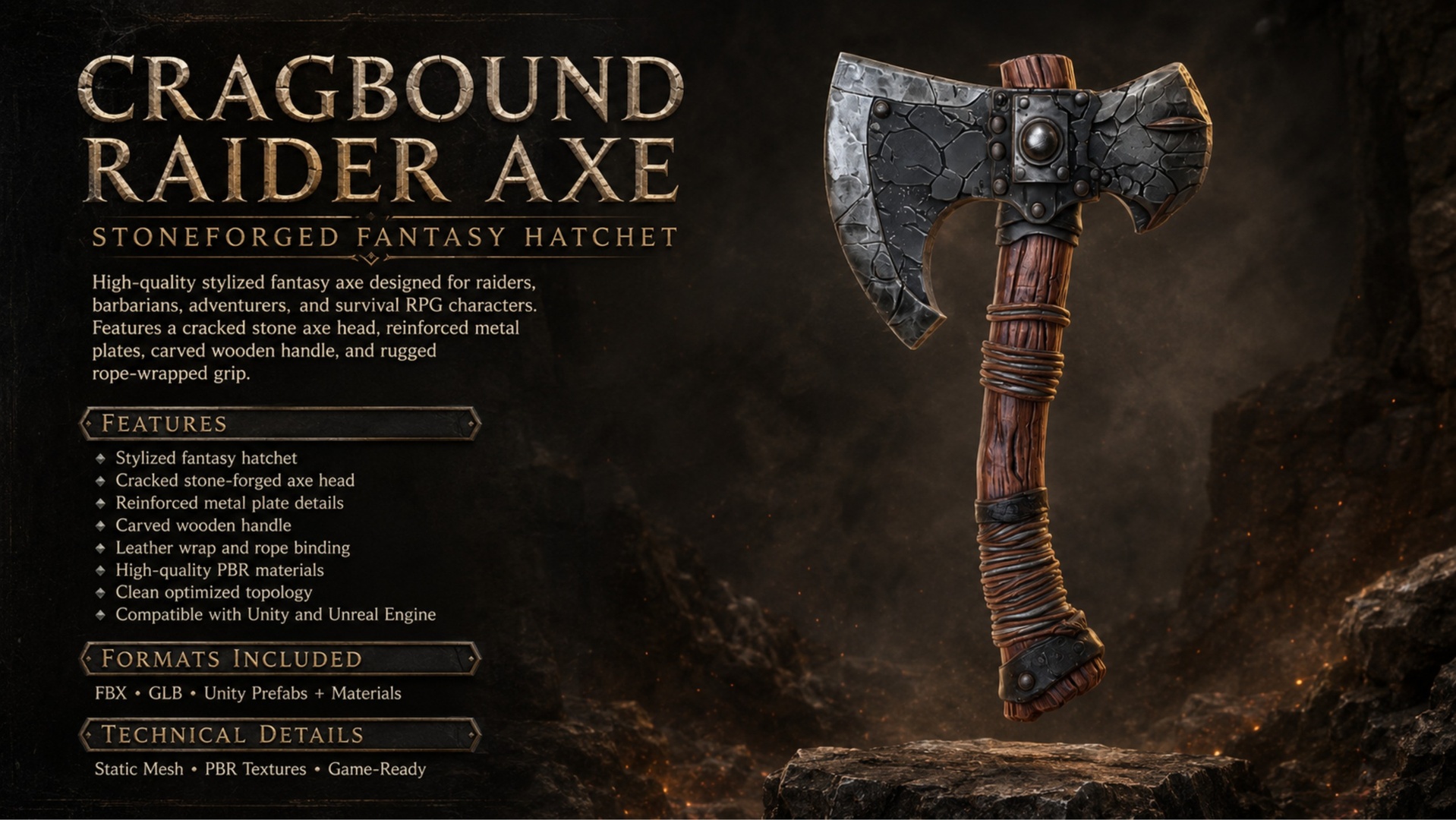 Media 1 for listing Cragbound Raider Axe – Stoneforged Fantasy Hatchet