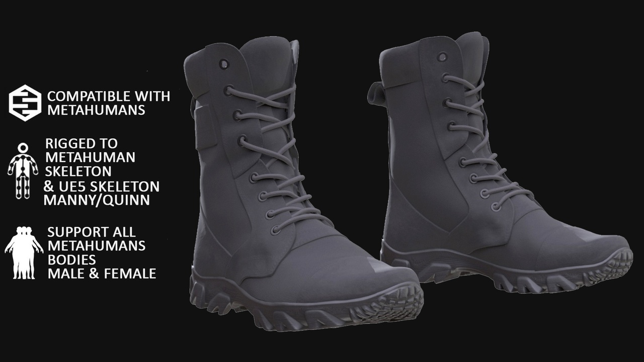 Media 1 for listing Military Boots Metahuman 3D model 99 - MH & UE5 Skeletons - Rigged