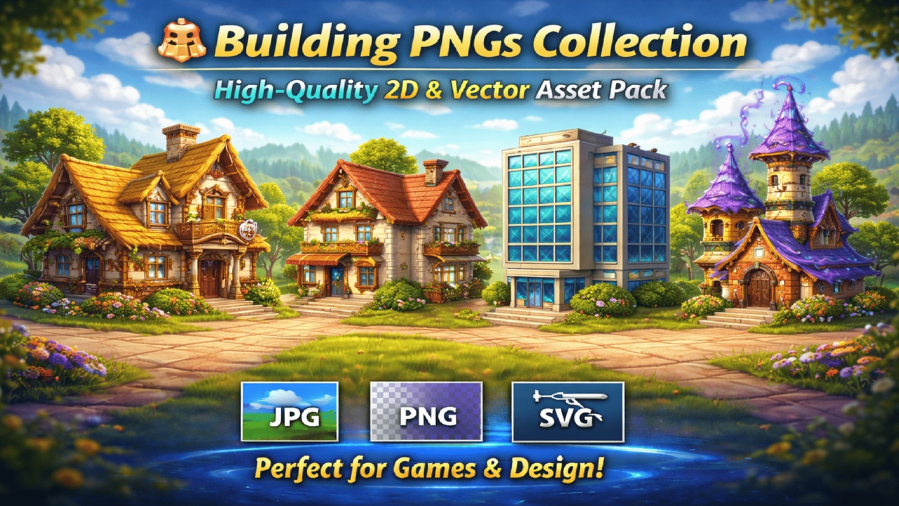 Media 1 for listing 🏙 Buildings PNGs Collection – High-Quality 2D & Vector Asset Pack