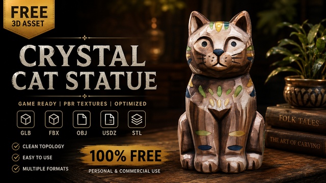 Cat Statue | Stylized Folk Art Cat | Game Ready PBR — Cobalt Game Assets