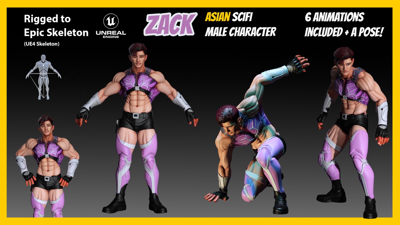 Media 1 for listing Zack / Asian Scifi Male Character - Rigged to UE Skeleton + 6 Animations