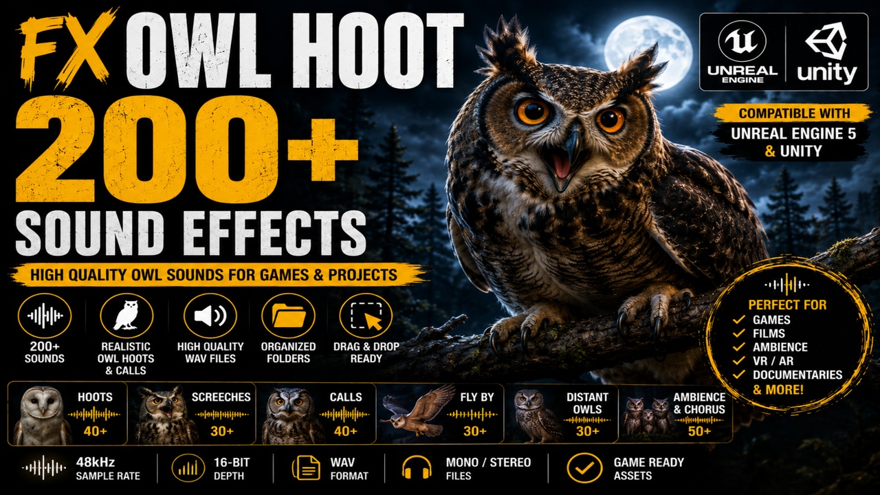 Media 1 for listing Owl Hoot 200+ Sound Effects – High-Quality Owl Calls & Night Forest SFX