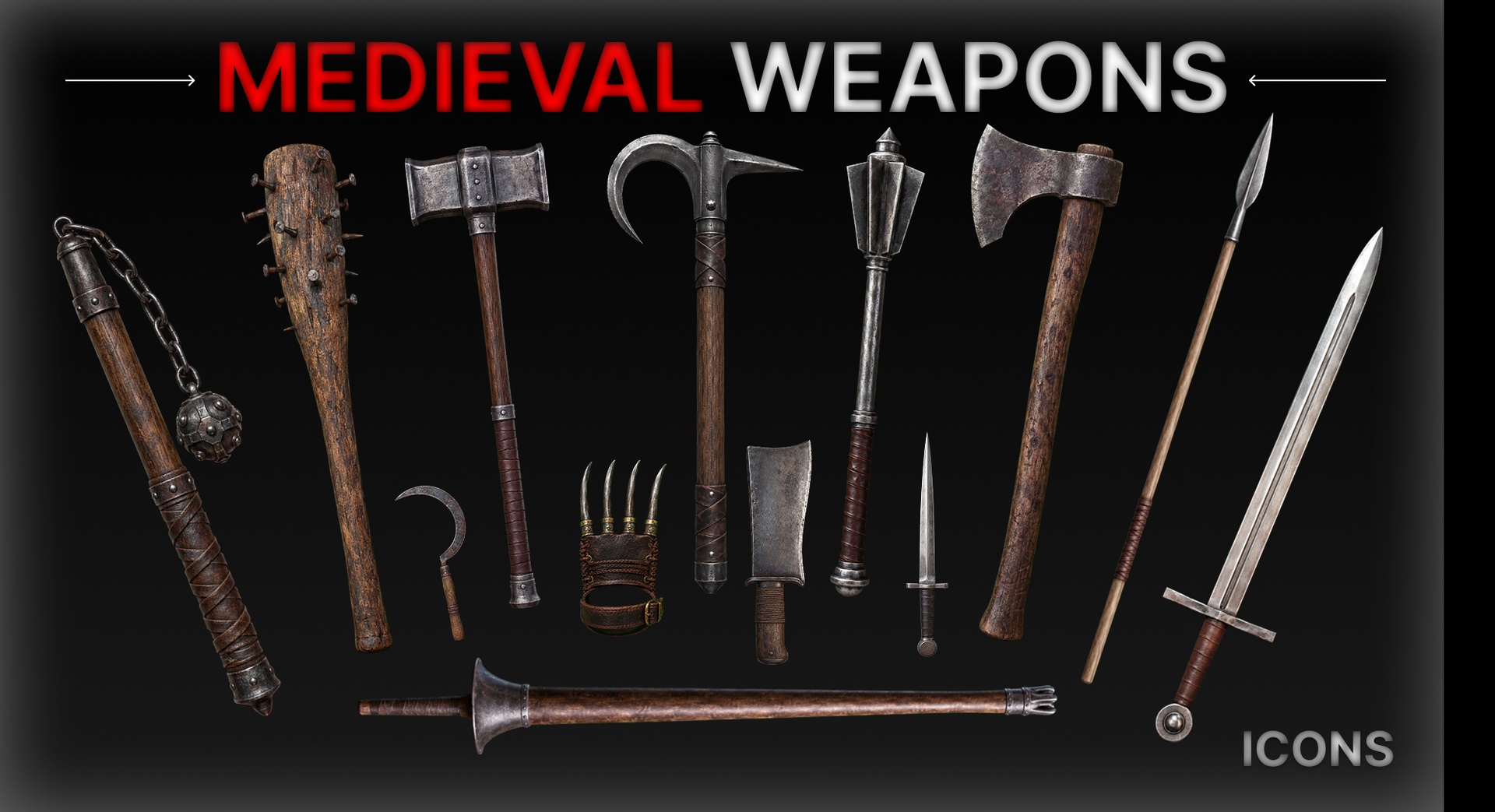 Media 1 for listing Medieval Weapons | Axes, Combat Hooks, Hammers, Knives, Maces, Spears, Swords