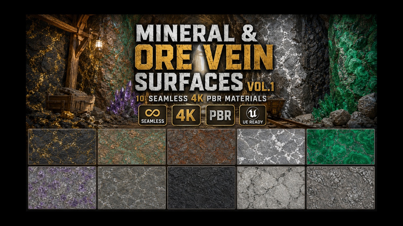 Media 1 for listing Mineral & Ore Vein Rock Mine Cave Materials - 10 Seamless 4K PBR Textures UE5