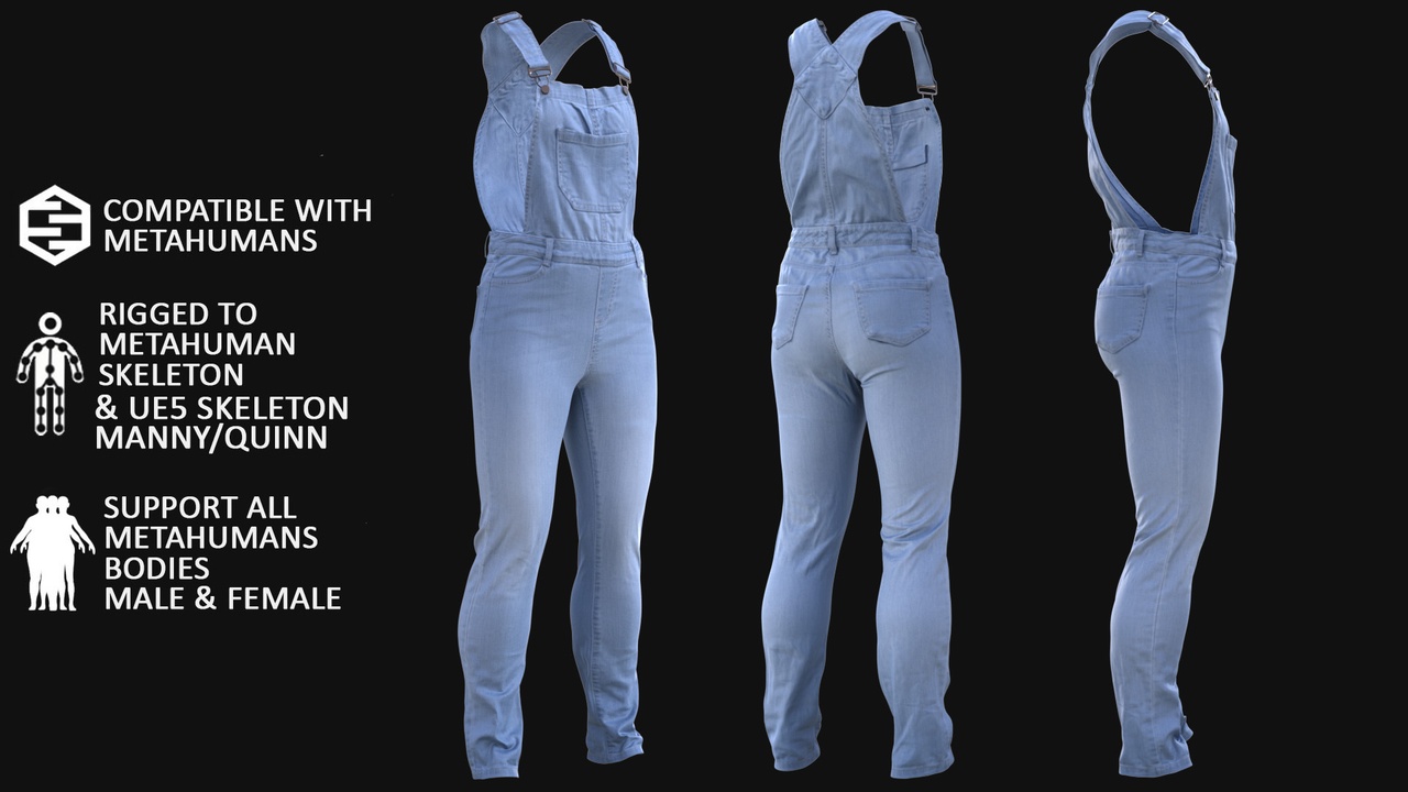 Media 1 for listing Denim Overalls for Metahuman 3D model 97 - MH & UE5 Skeletons - Rigged