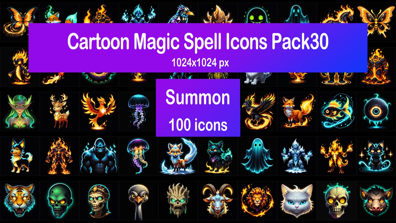 Media 1 for listing Cartoon Magic Spell Icons Pack30 - Summon
