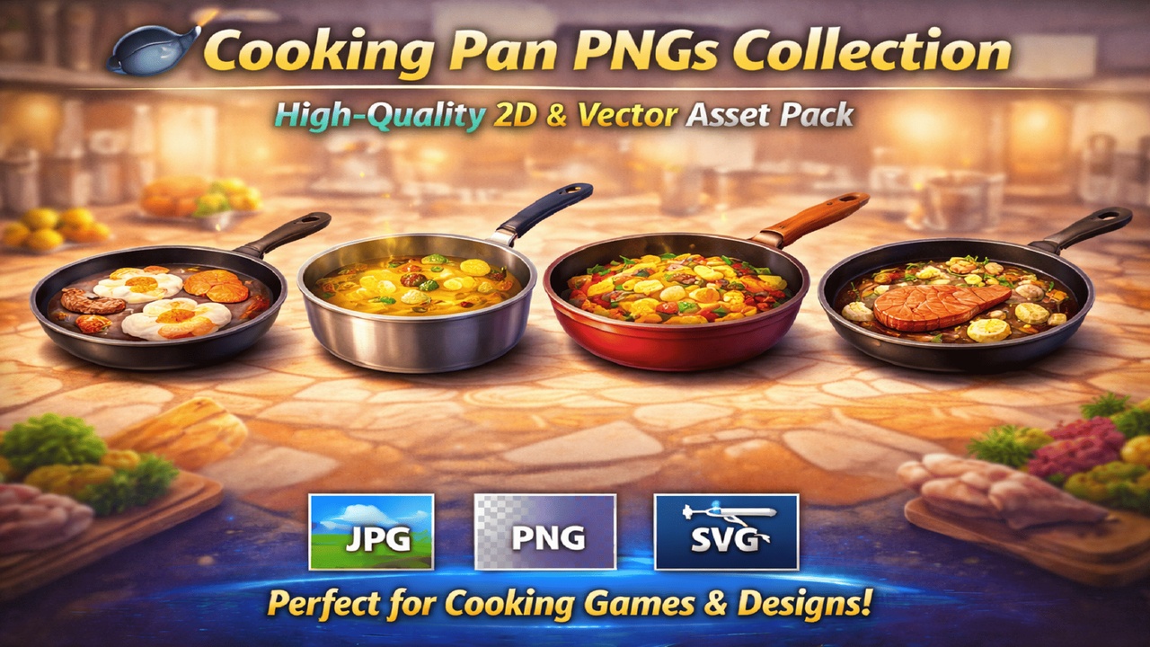 Media 1 for listing 🍳 Cooking Pans PNGs Collection – High-Quality 2D & Vector Asset Pack