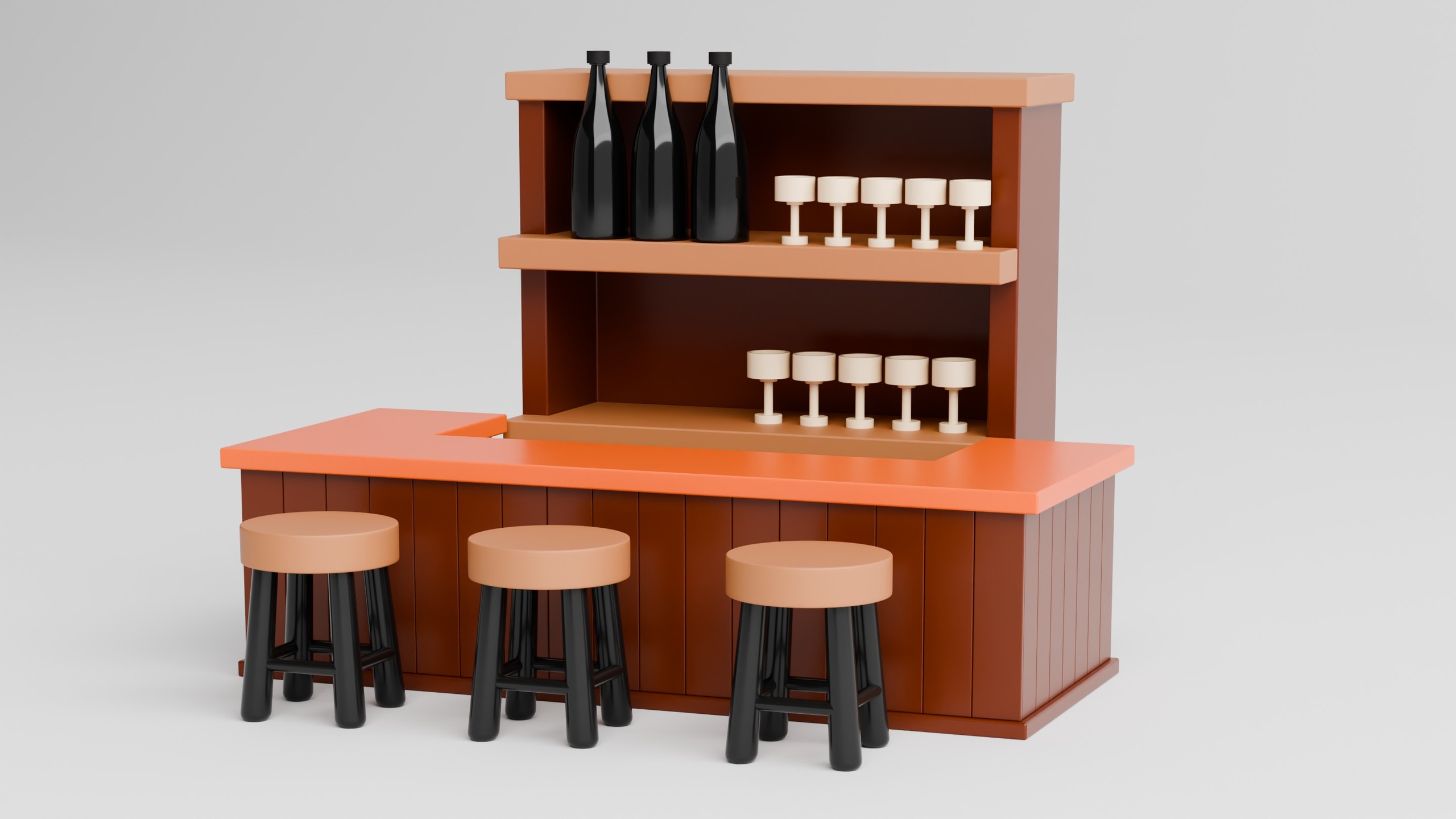 Media 1 for listing Stylized Low Poly Bar Counter Set with Stools and Shelves