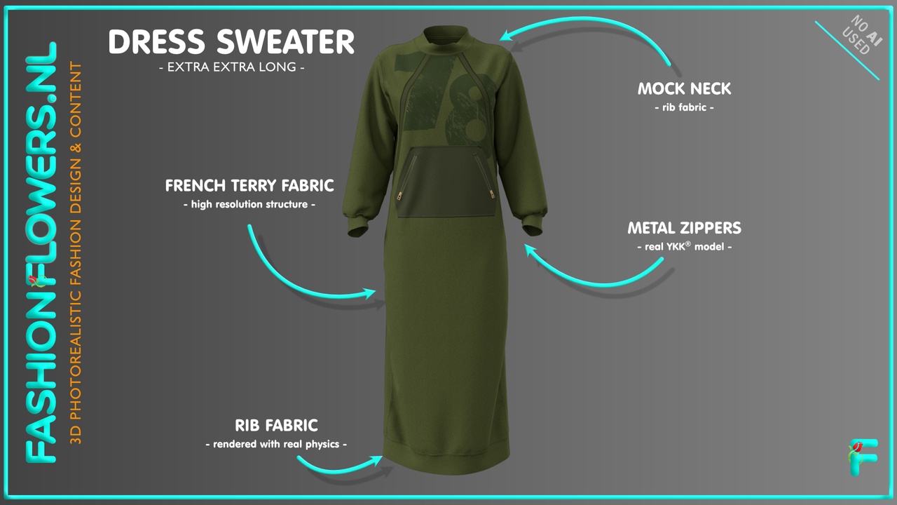 Media 1 for listing Green Dress Sweater | Extra Extra Long Pullover | Jersey Streetwear | Army | 78