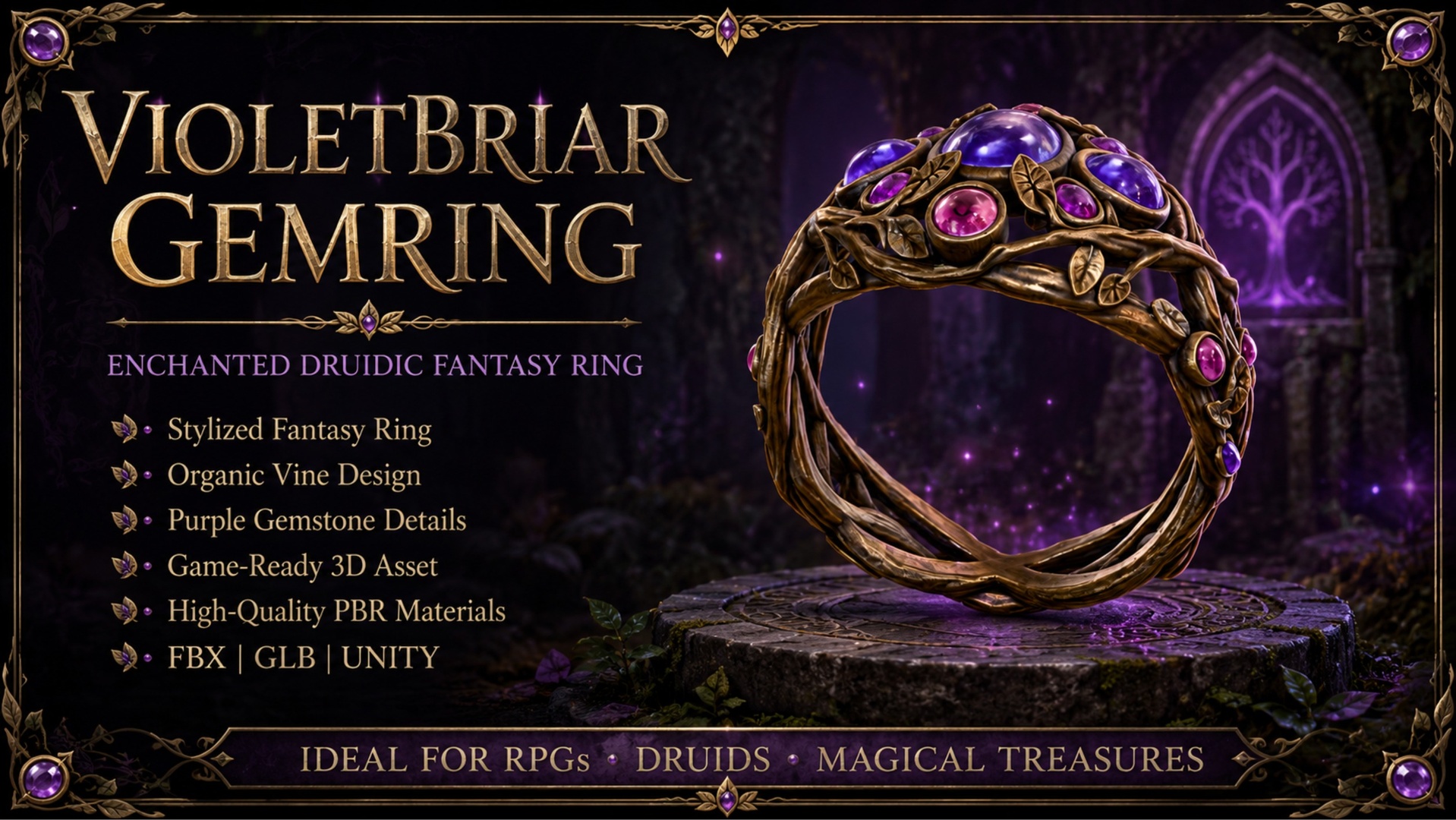 Media 1 for listing Violetbriar Gemring – Enchanted Druidic Fantasy Ring