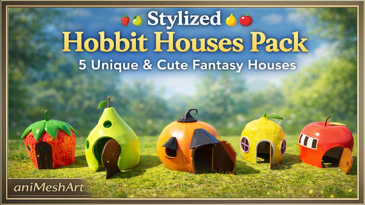 Media 1 for listing Stylized Hobbit Houses Pack - Fruit dwarf home bundle aniMeshArt unreal engine
