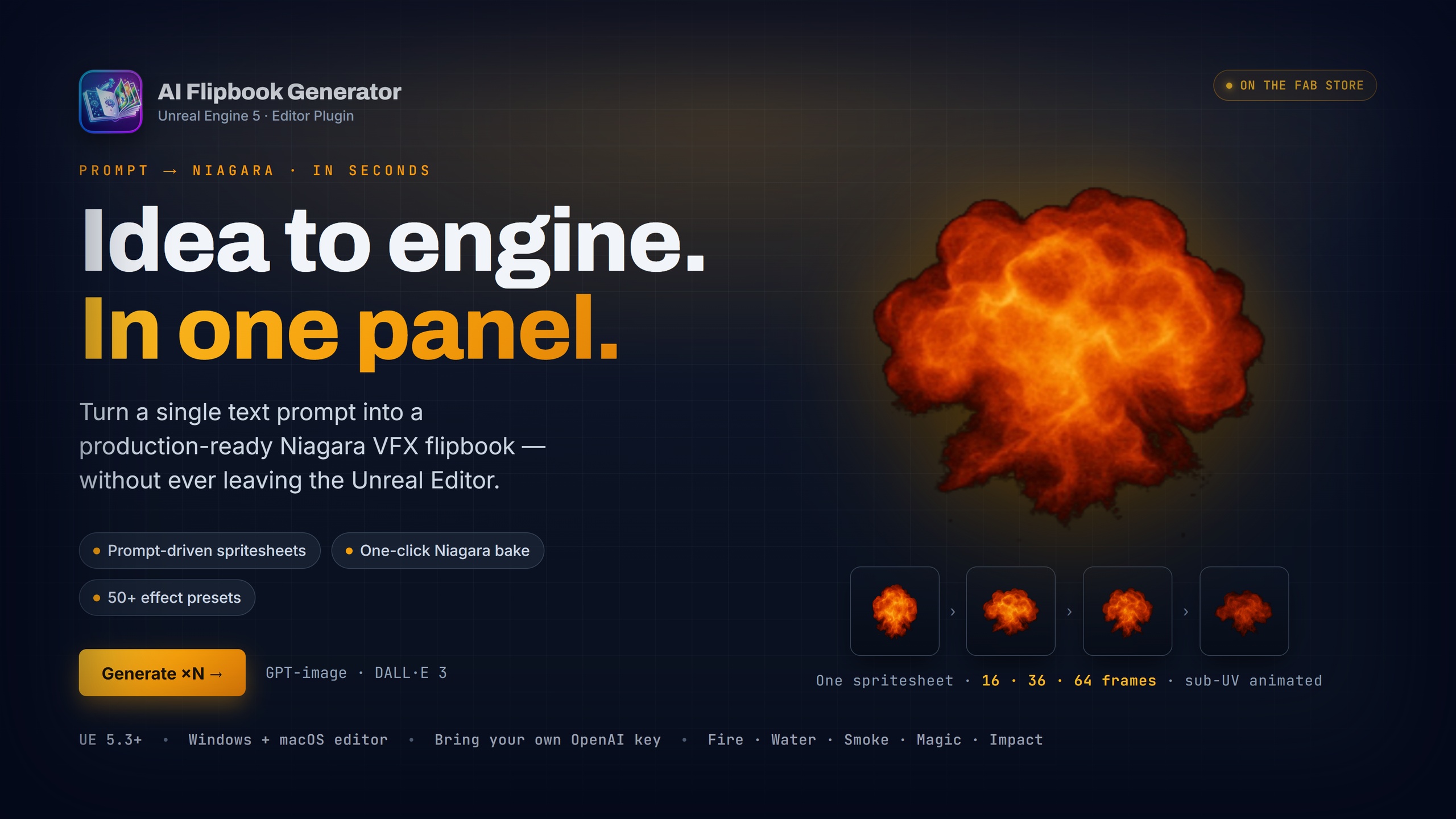 Media 1 for listing AI Flipbook Generator | Niagara VFX Spritesheets from Text Prompts