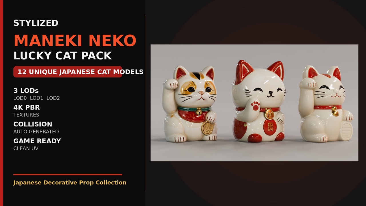 Media 1 for listing Stylized Maneki Neko Lucky Cat Pack – 12 Japanese Cat Statues