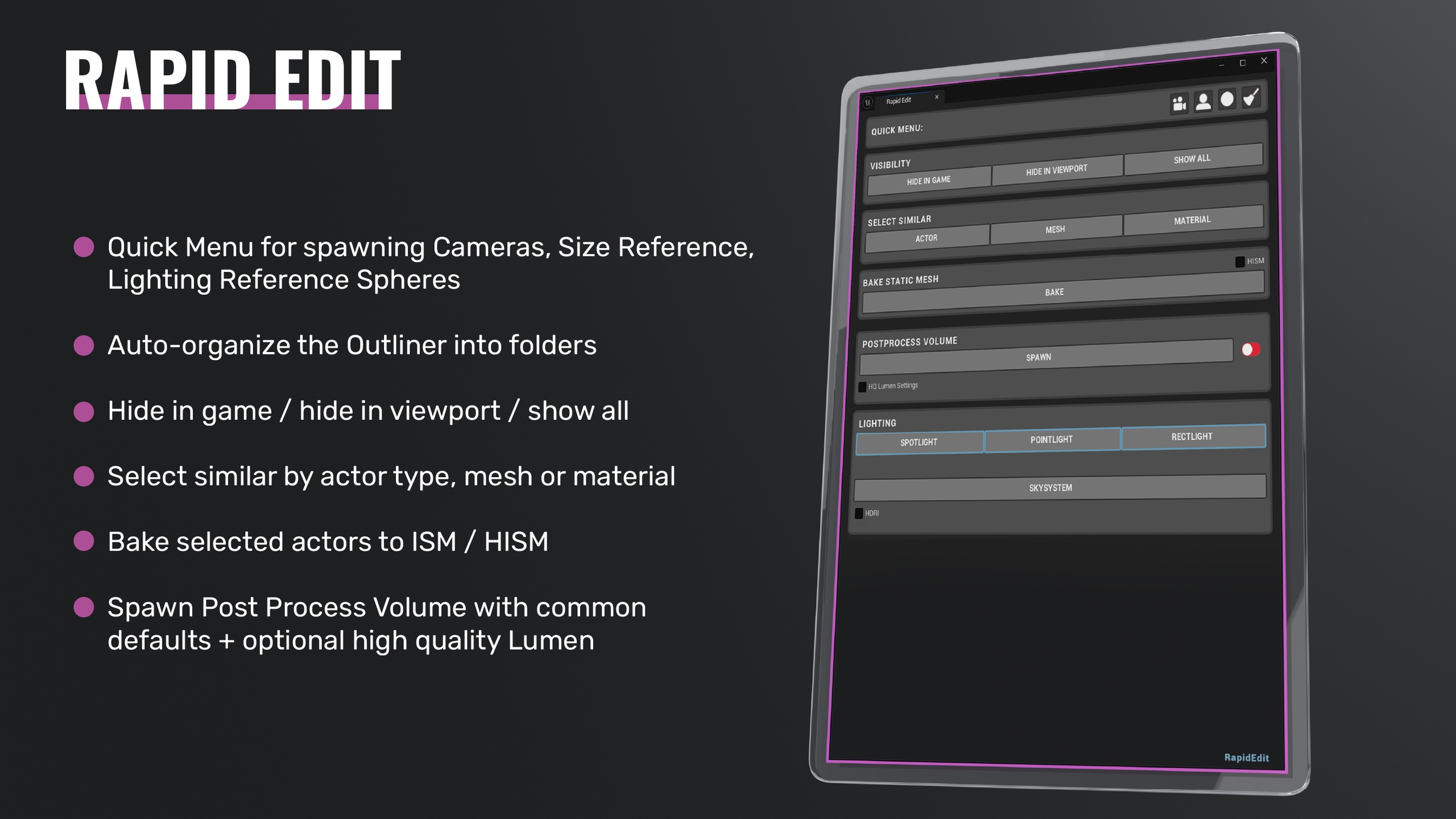 Media 1 for listing RapidEdit – Editor Utility Toolkit for Unreal Engine