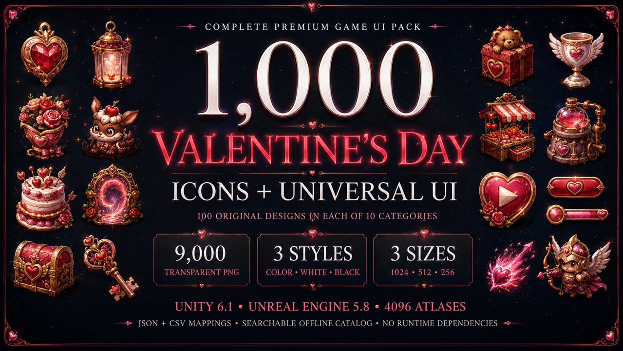Media 1 for listing 1000 Valentine's Day Icons & Universal Romantic UI | Game UI Mega Pack