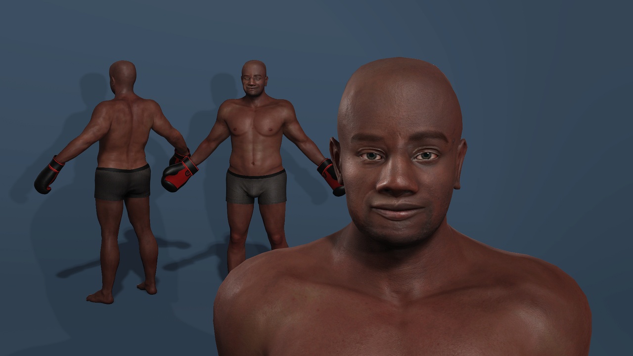 Media 1 for listing Realistic Black Boxer Character Fully Rigged with Facial Expressions黑人拳击手全身绑定动画