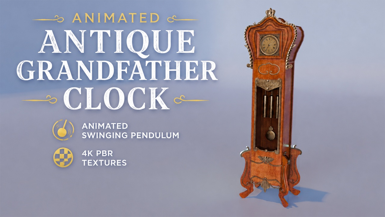 Media 1 for listing Animated Antique Grandfather Clock – 4K PBR Heritage Timepiece   🕰️