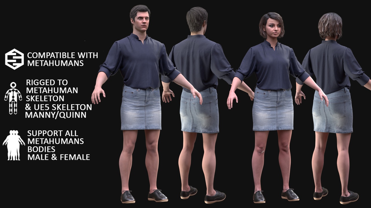 Blouse, Denim Skirt & Shoes for MetaHuman, Rigged — UE5 Manny & Quinn | Fab