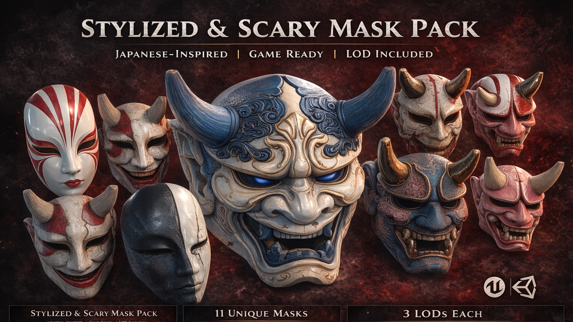 Stylized & Scary Mask Pack – Japanese / Oni Inspired 3D Masks Game ...