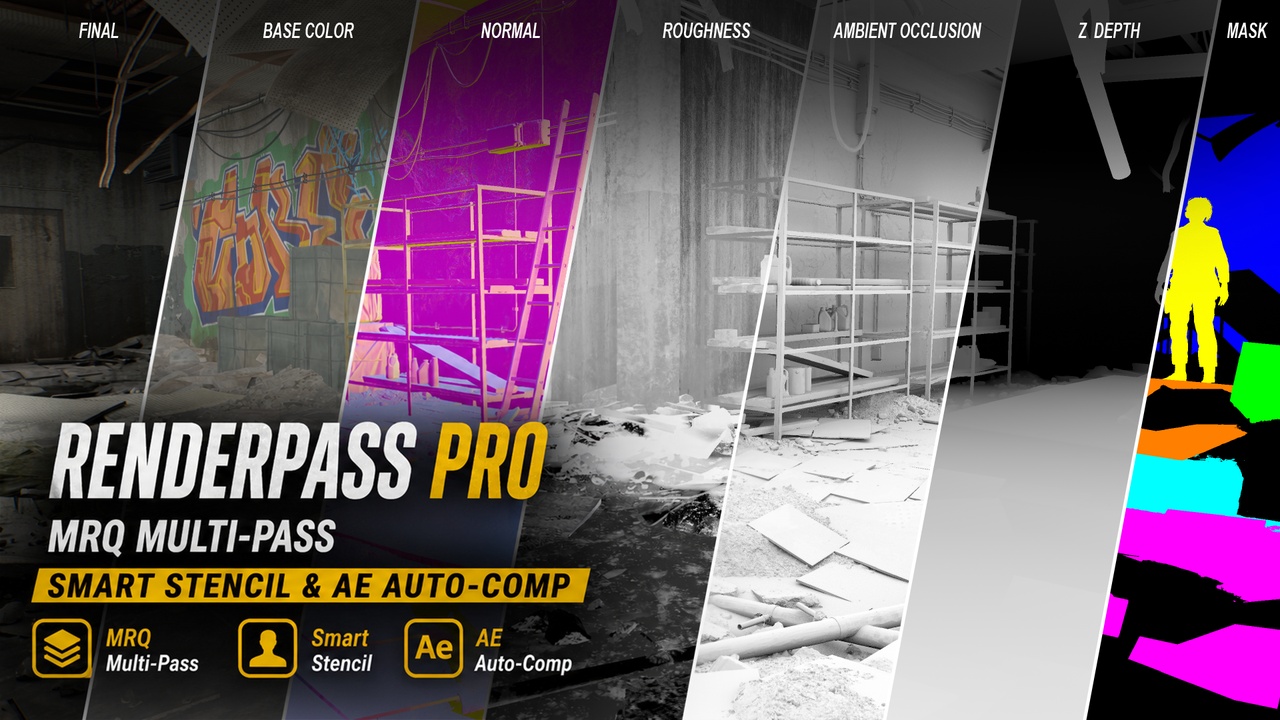 Media 1 for listing RenderPass Pro: MRQ Multi-Pass,  Smart Stencil, AE & Nuke Auto-Comp