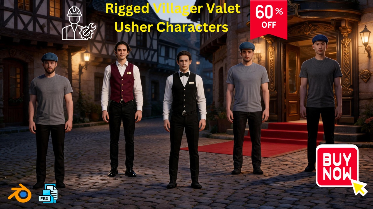 Media 1 for listing NPC Pack 5 Rigged Villager Valet Usher Characters Game Ready