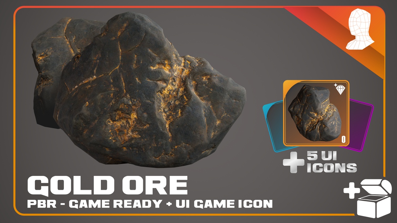 Media 1 for listing Gold Ore + 5 Loot Icons - PBR Game Ready