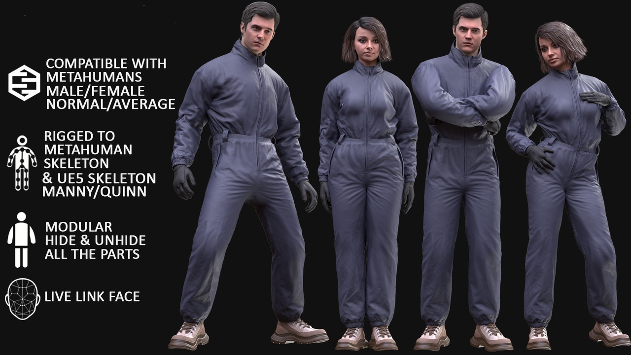 Media 1 for listing Jumpsuit 1 - Male/Female MH & UE5 Skeletons - Rigged