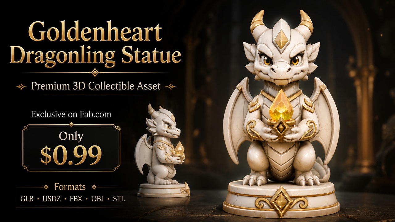 Media 1 for listing Goldenheart Dragonling Statue | Premium 3D Collectible Asset | AR Ready