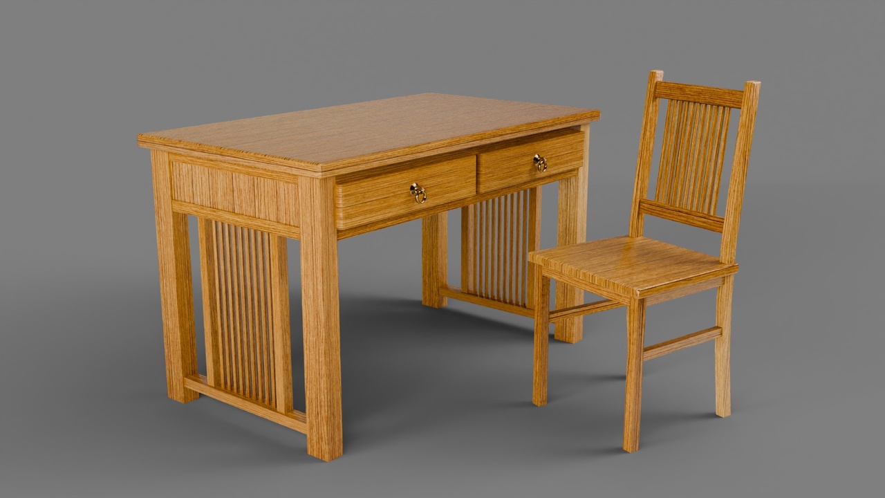Media 1 for listing Stylized Slatted Wooden Desk and Chair Set