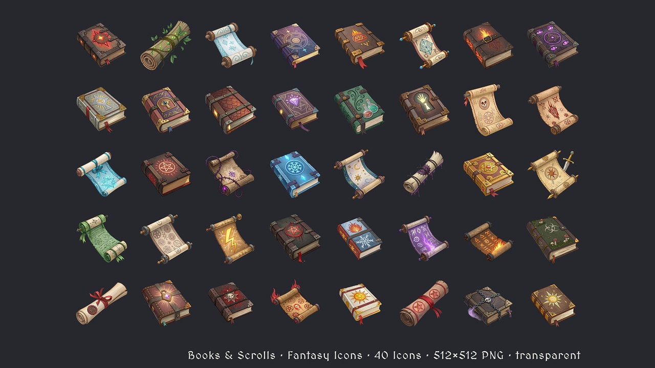 Media 1 for listing Books & Scrolls - 40 Fantasy Icons [512x512 HD]