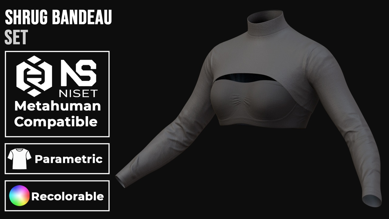 Media 1 for listing Shrug Bandeau Set - Recolorable Parametric Turtleneck Set for Metahuman MHPKG
