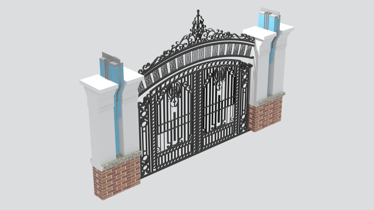 Media 1 for listing Ornate Black Wrought Iron Gate with White Brick Pillars 3D Model