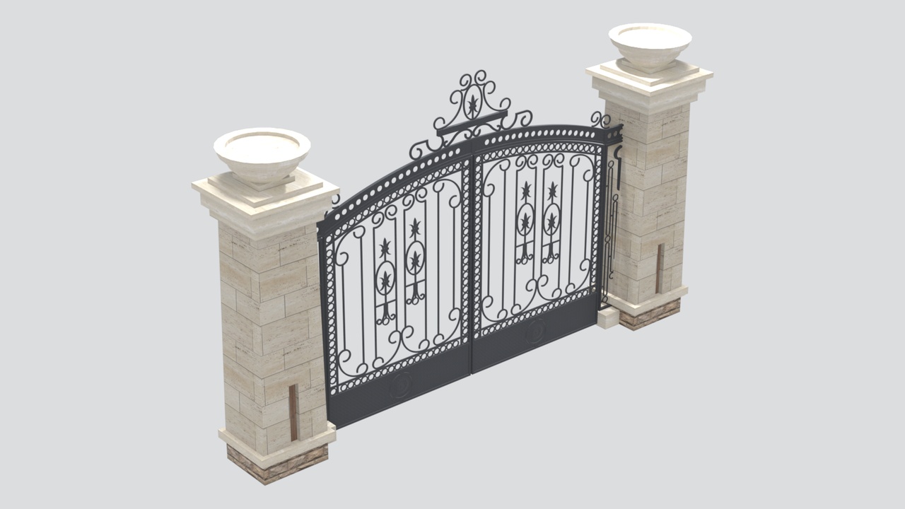 Media 1 for listing Elegant Wrought Iron Gate with Stone Planter Pillars 3D Model