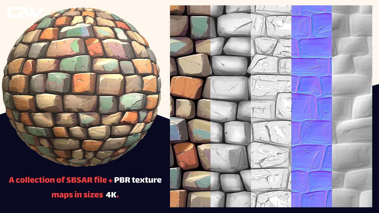Media 1 for listing 5 Stylized Stone Wall - PBR texture + SBSAR File