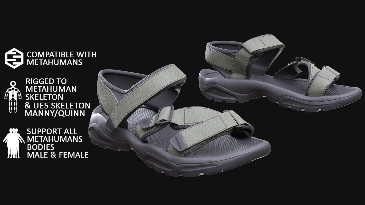 Media 1 for listing Sandals Metahuman 3D model 180 - MH & UE5 Skeletons - Rigged