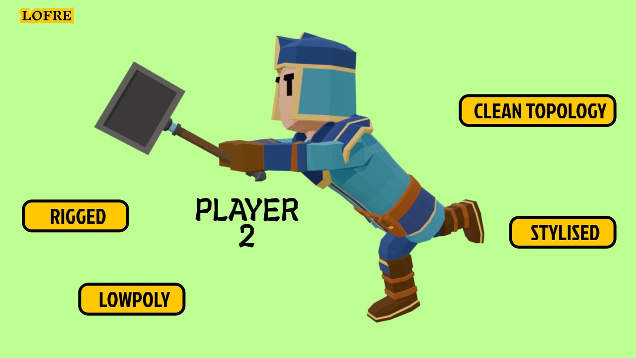 Media 1 for listing LOFRE: Player 2 โ Free Low Poly Fantasy Warrior with Hammer | 3D Character